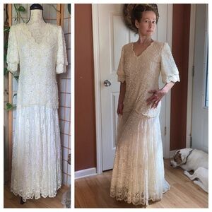 Vintage 80s Beaded Lace Gown Wedding Event Formal Wear Cream sz Small